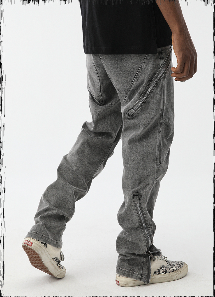 JHYQ Washed Slim Zipper Patchwork Denim Jeans