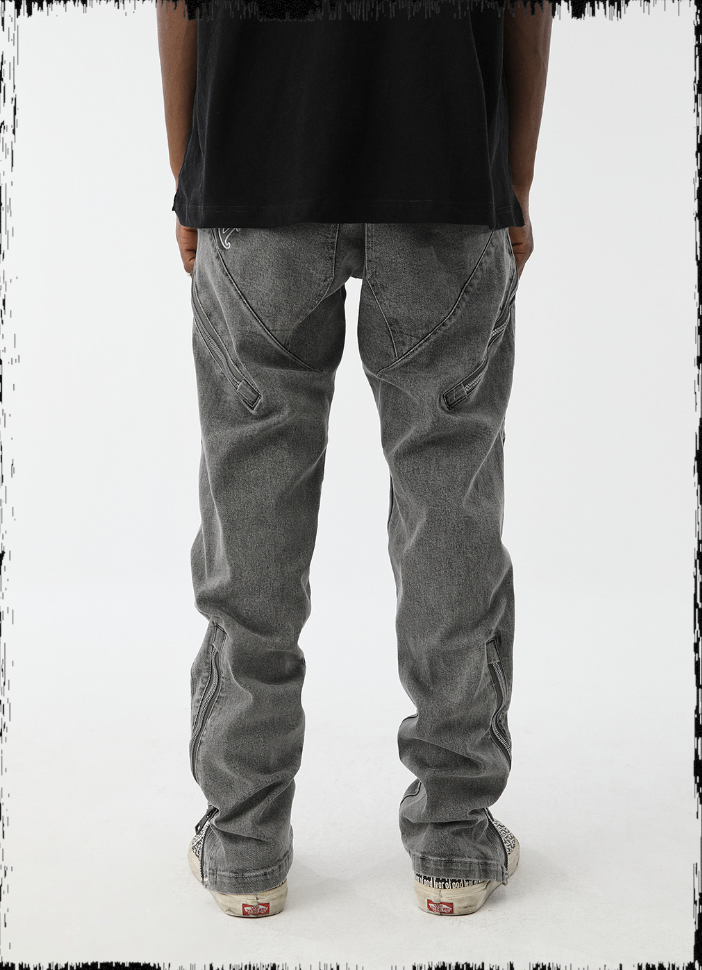 JHYQ Washed Slim Zipper Patchwork Denim Jeans