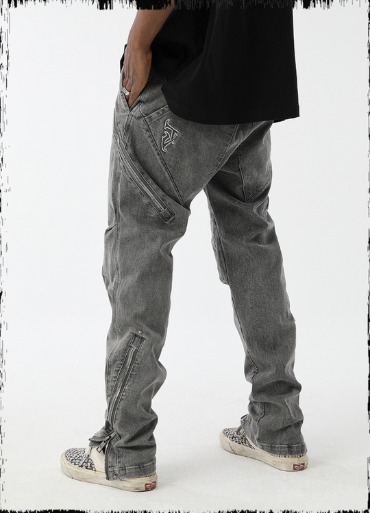 JHYQ Washed Slim Zipper Patchwork Denim Jeans