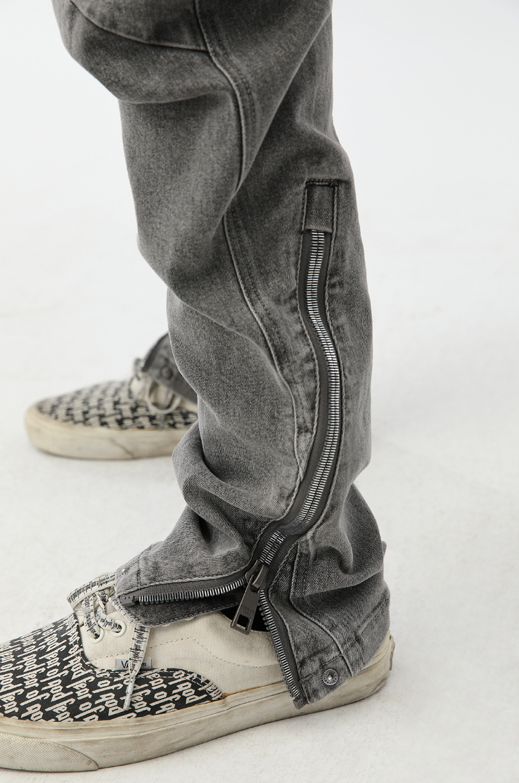 JHYQ Washed Slim Zipper Patchwork Denim Jeans