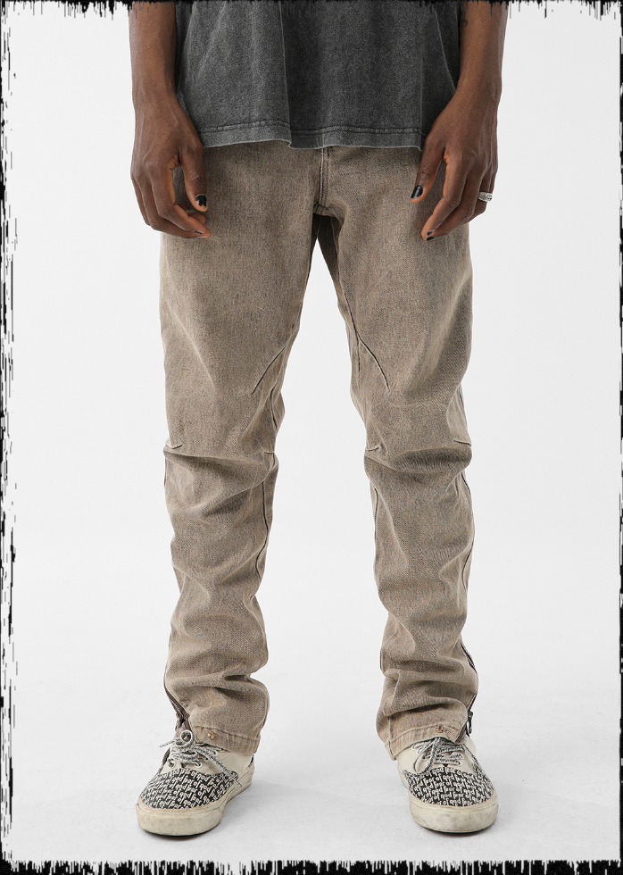 JHYQ Washed Slim Zipper Patchwork Denim Jeans