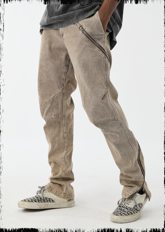 JHYQ Washed Slim Zipper Patchwork Denim Jeans