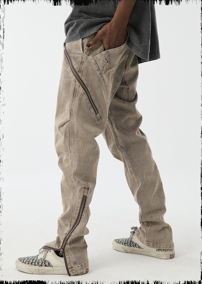 JHYQ Washed Slim Zipper Patchwork Denim Jeans