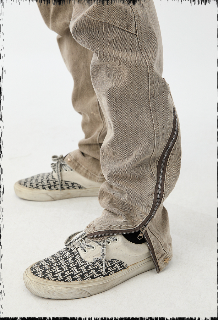 JHYQ Washed Slim Zipper Patchwork Denim Jeans