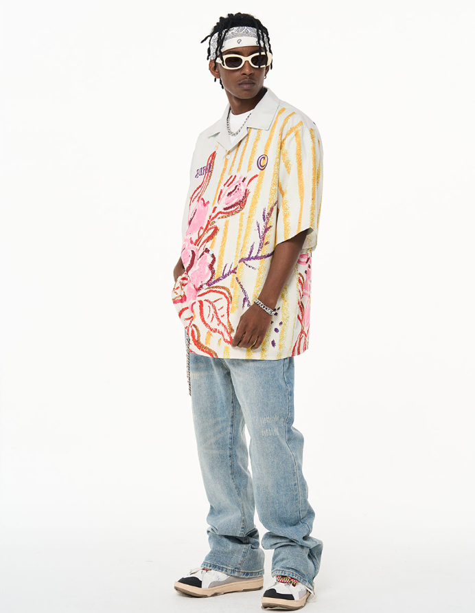 Harsh and Cruel Floral Crayon Drawing Full Print Cuban Shirt