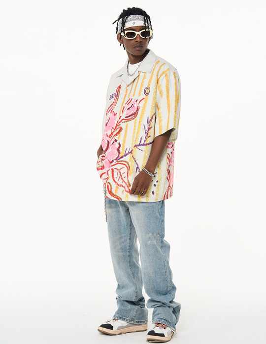 Harsh and Cruel Floral Crayon Drawing Full Print Cuban Shirt
