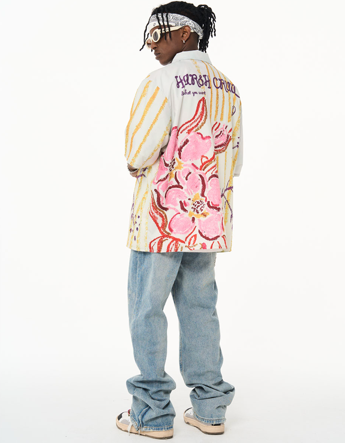 Harsh and Cruel Floral Crayon Drawing Full Print Cuban Shirt