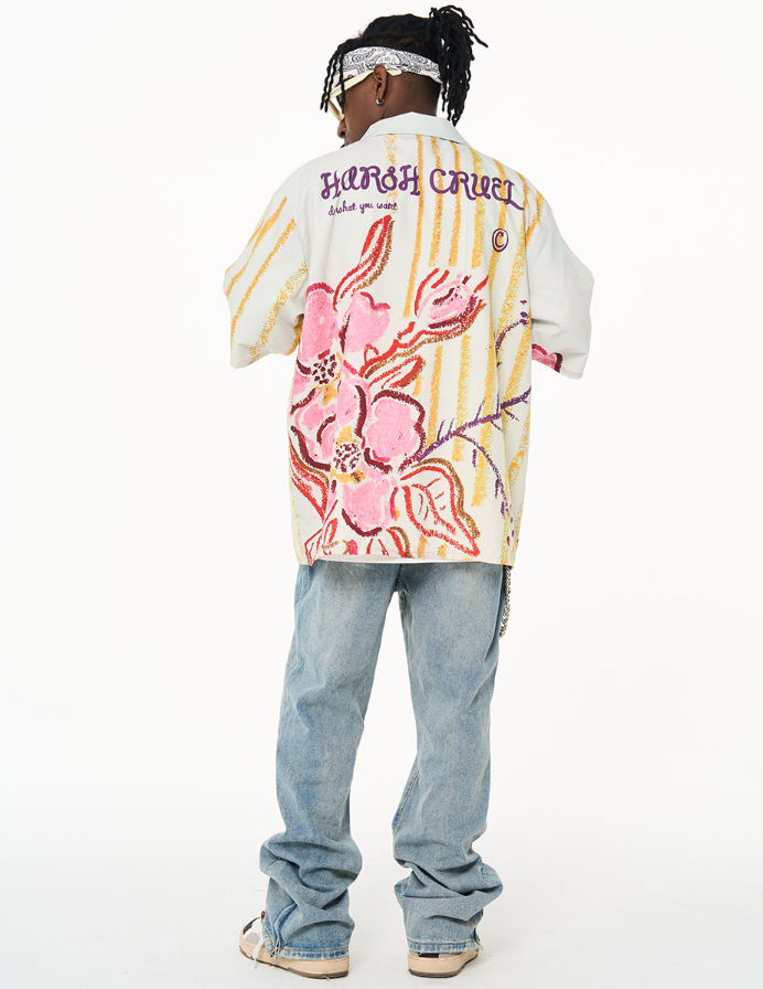 Harsh and Cruel Floral Crayon Drawing Full Print Cuban Shirt