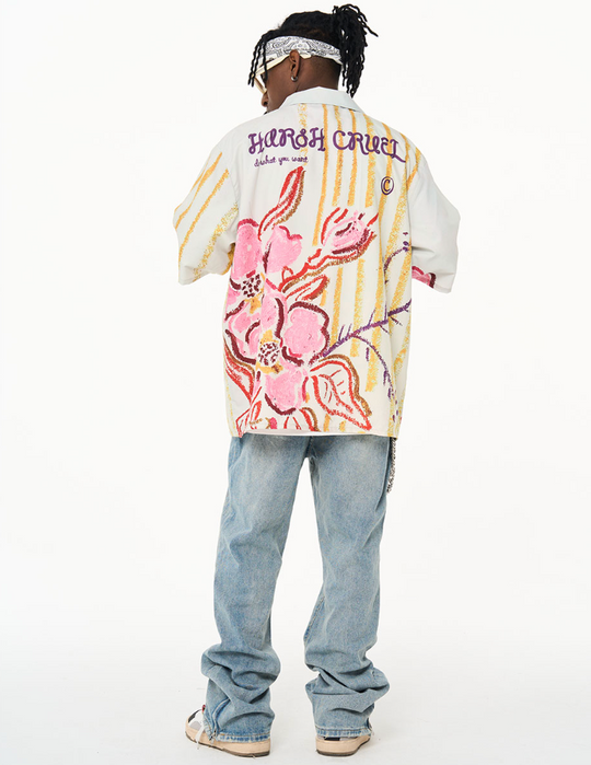 Harsh and Cruel Floral Crayon Drawing Full Print Cuban Shirt
