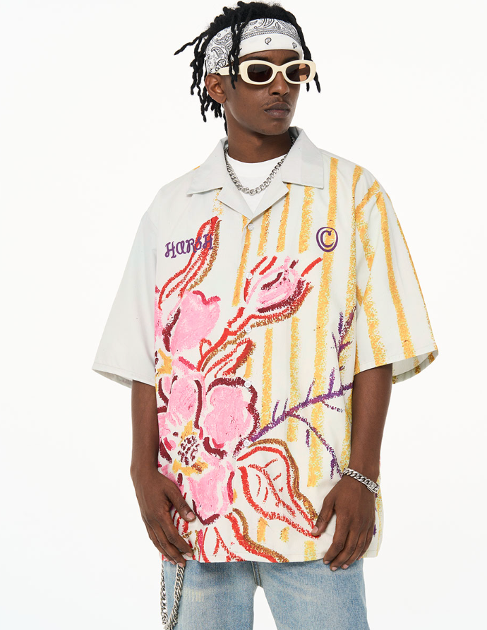 Harsh and Cruel Floral Crayon Drawing Full Print Cuban Shirt