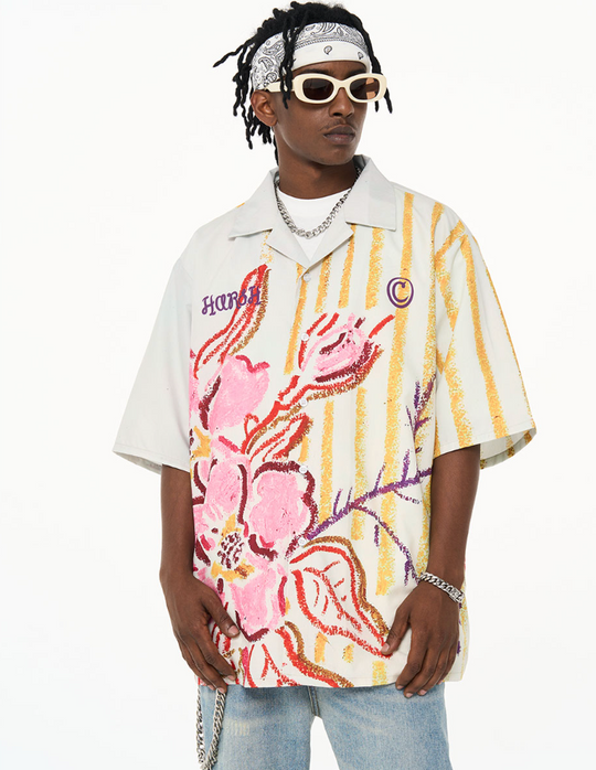 Harsh and Cruel Floral Crayon Drawing Full Print Cuban Shirt