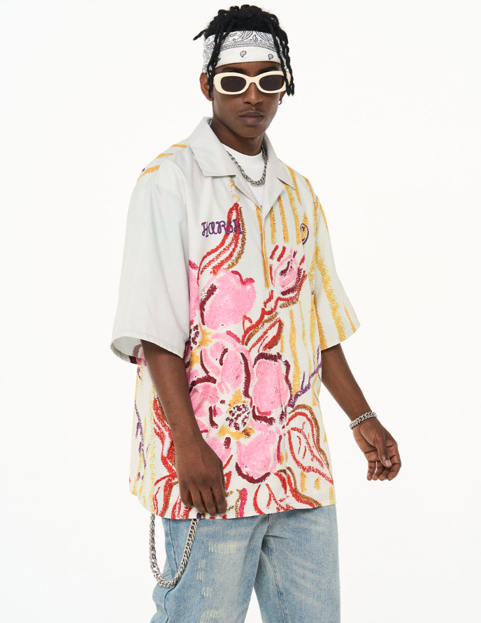 Harsh and Cruel Floral Crayon Drawing Full Print Cuban Shirt