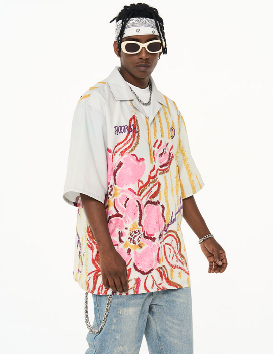 Harsh and Cruel Floral Crayon Drawing Full Print Cuban Shirt