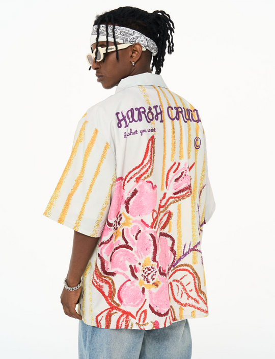 Harsh and Cruel Floral Crayon Drawing Full Print Cuban Shirt