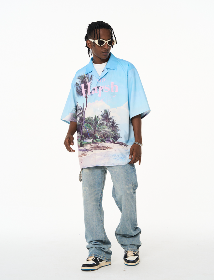 Harsh and Cruel Hawaiian Beach Logo Cuban Shirt