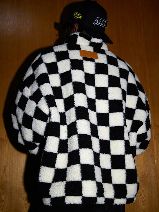 MEDM Checkerboard Sherpa Fleece Boa Pullover Jacket | Face 3 Face