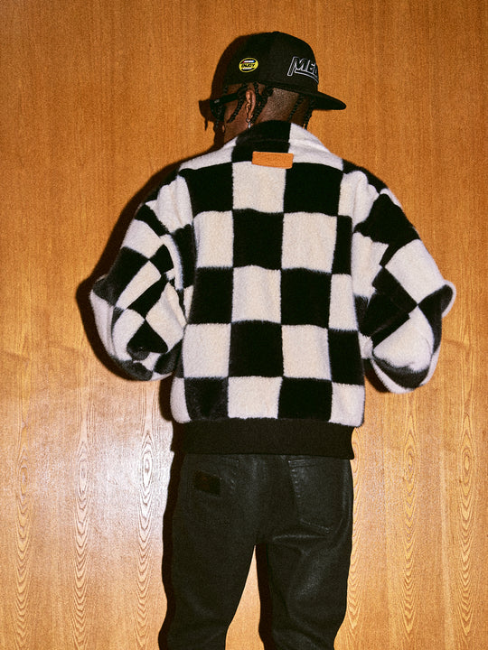 MEDM Fur Checkerboard Sherpa Fleece Jacket | Face 3 Face