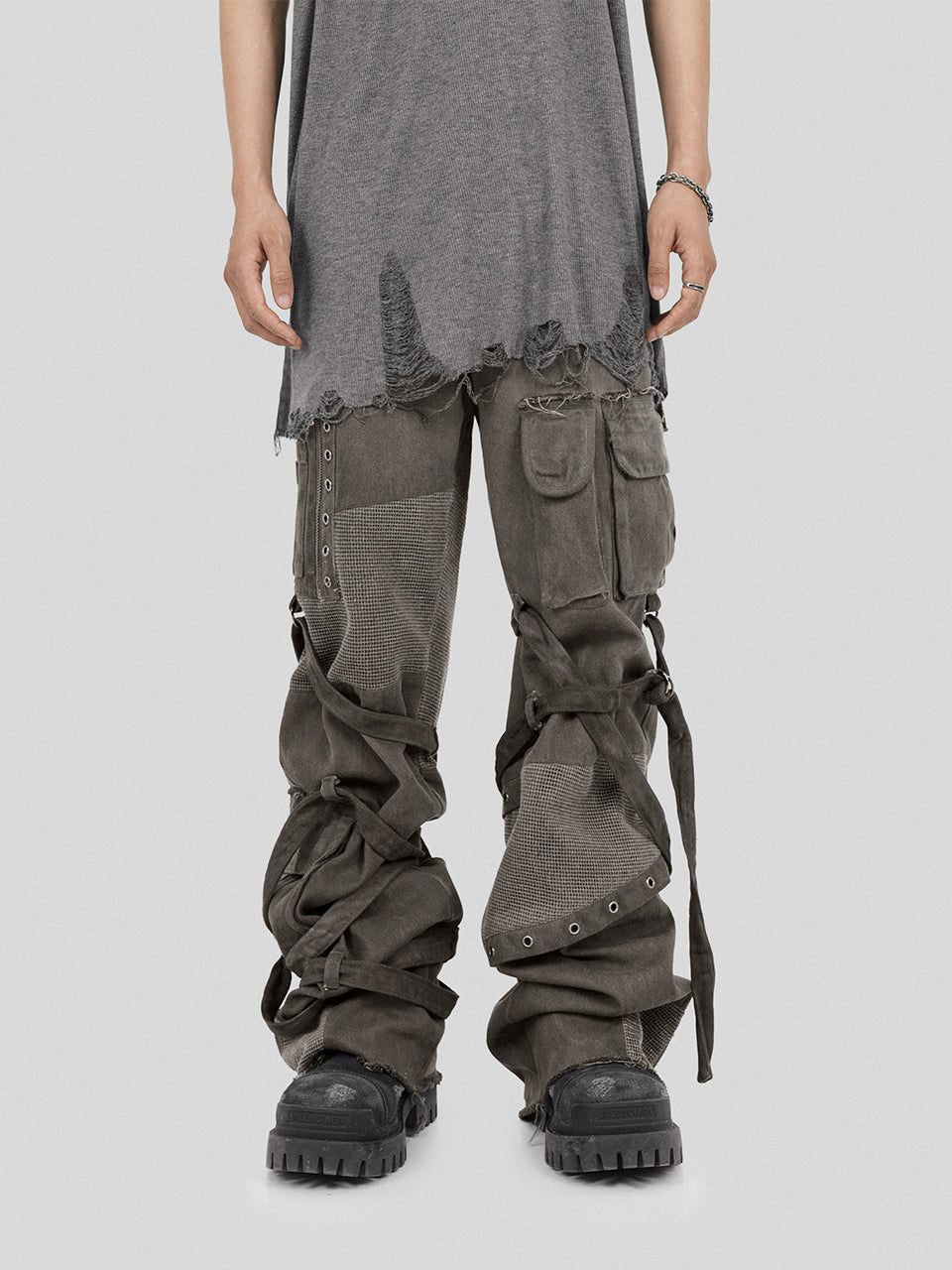 UNDERWATER Scavenger Bandage Mesh Patchwork Pocket Cargo Work Pants