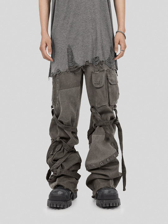 UNDERWATER Scavenger Bandage Mesh Patchwork Pocket Cargo Work Pants