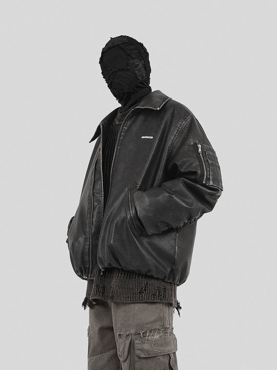 UNDERWATER Cross Embroidered Down Leather Bomber Jacket MA-1