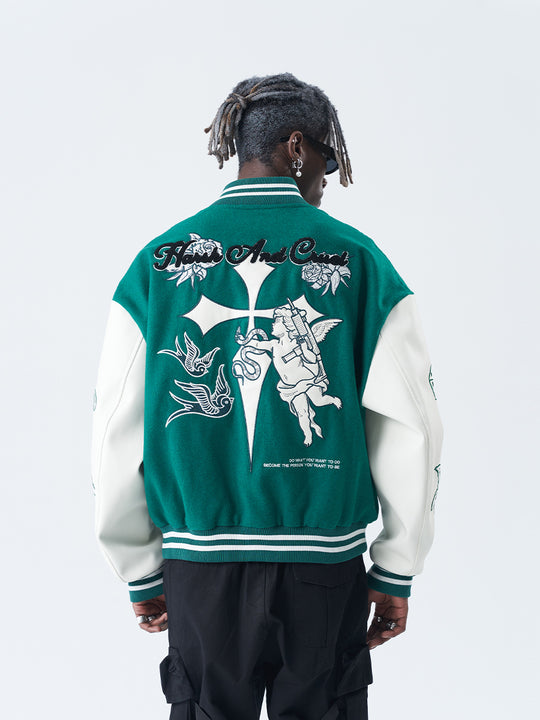 Harsh and Cruel Cross Angel Embroidered Varsity Jacket | Face 3 Face