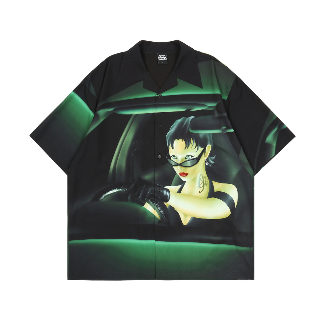Cashrules Gangster Sports Car Print Short Sleeved Cuban Shirt