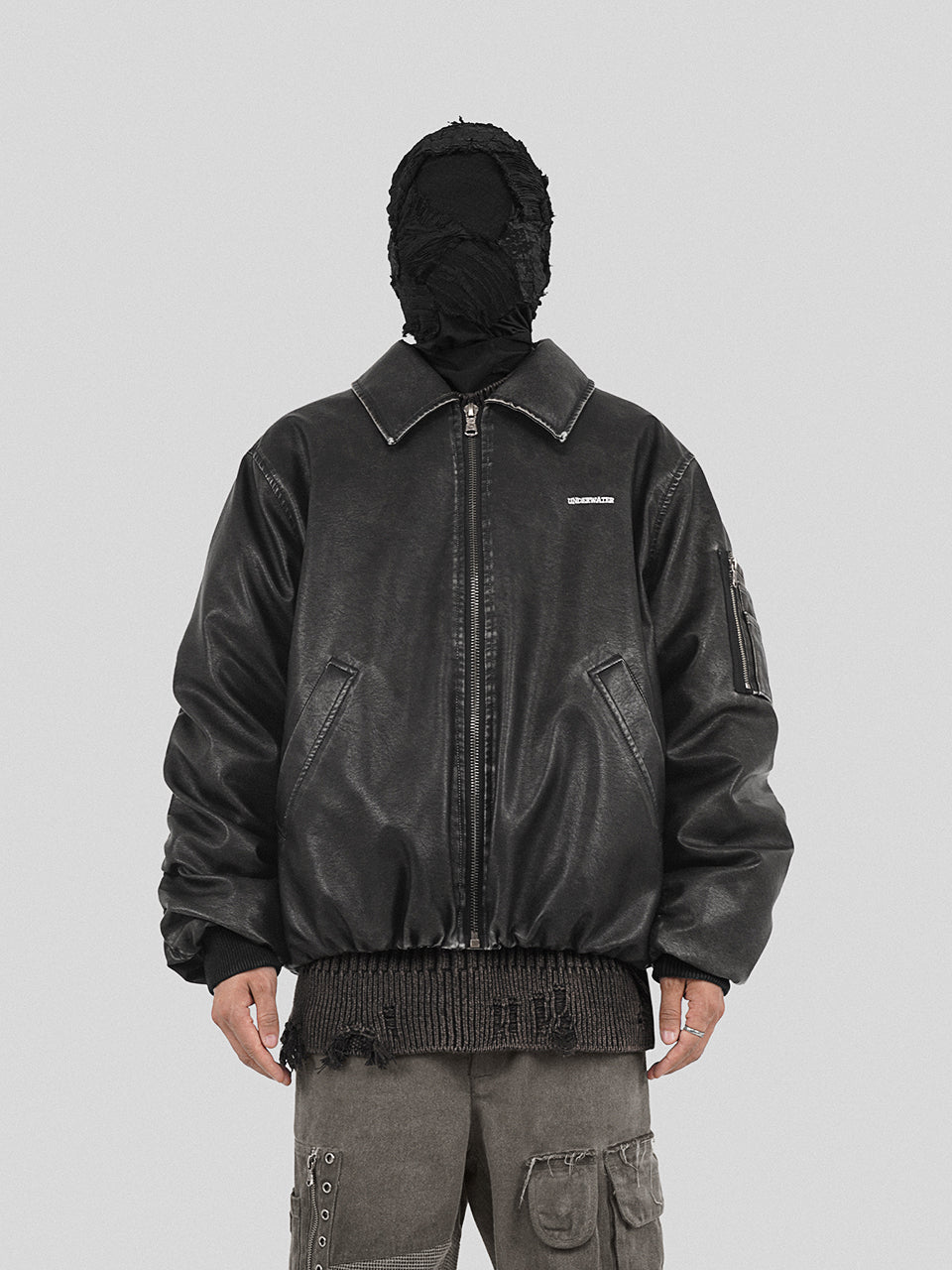 UNDERWATER Cross Embroidered Down Leather Bomber Jacket MA-1