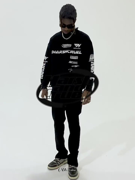 Harsh and Cruel Racing Logo Distressed Knit Sweater