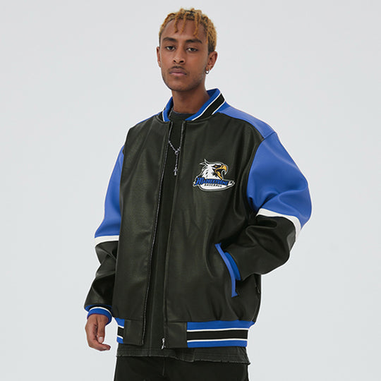 F3F Select  Eagle Embroidery Color Blocking Biker PU Leather Jacket