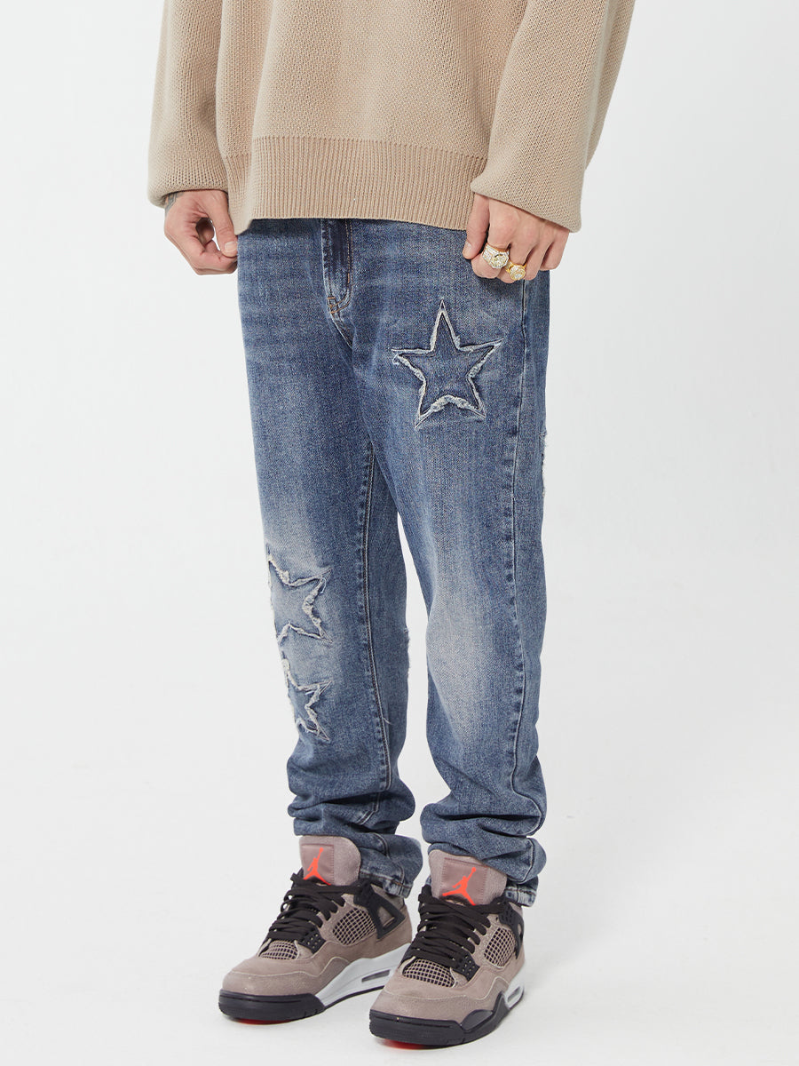 F2CE Pentagram Embroidery Piece Frayed Edges Denim Jeans Pants | Face 3 Face