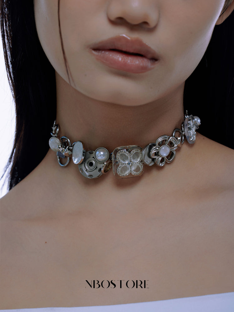 Nbostore Flower Pearl Elements Button Necklace