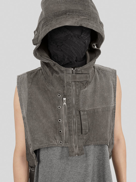 UNDERWATER Wasteland Dirty Scavenger Mesh Patchwork Short Hooded Vest