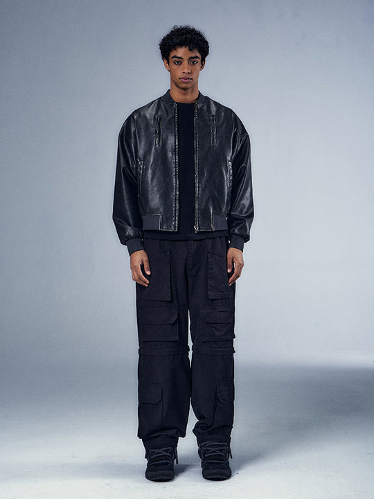 YADcrew x BIPOLAR Distressed 3D Cotton Filled Leather Bomber Jacket