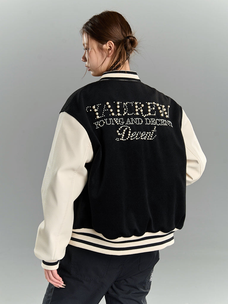 YADcrew Pearl Text Typography Baseball Jacket