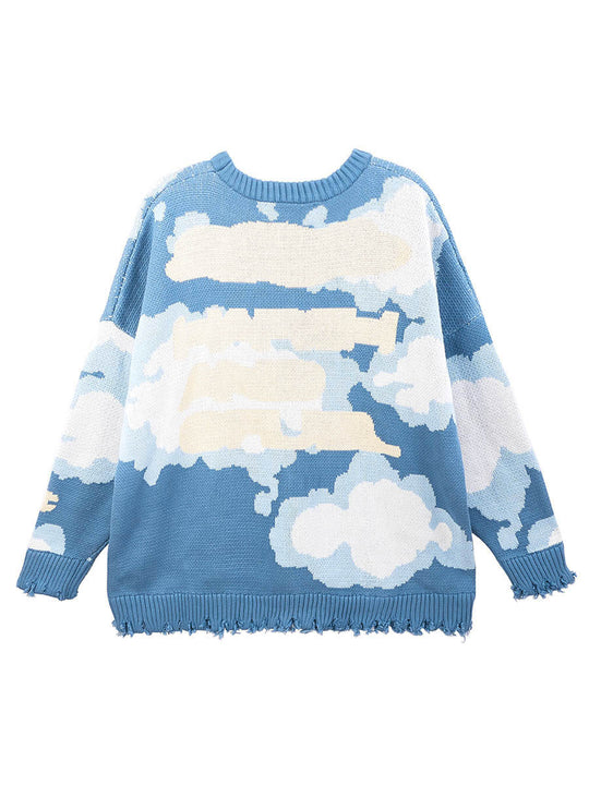 Harsh and Cruel Blue Sky Cloud Ripped Knit Sweater | Face 3 Face