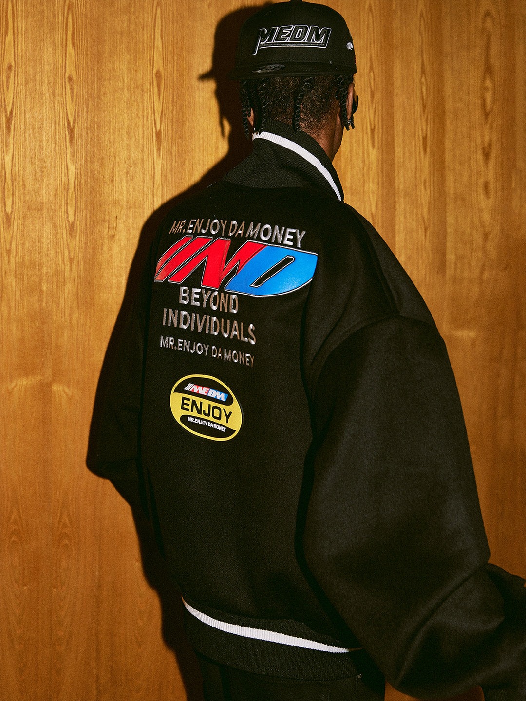 MEDM Spell Leather Logo Embroidered Varsity Jacket | Face 3 Face