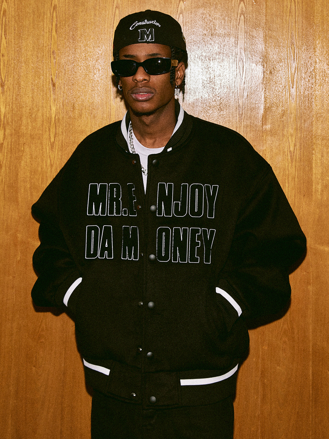 MEDM Spell Leather Logo Embroidered Varsity Jacket | Face 3 Face