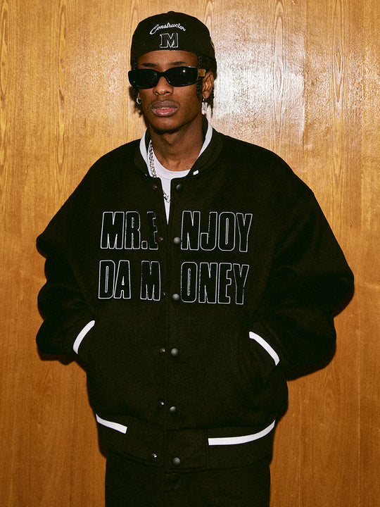 MEDM Spell Leather Logo Embroidered Varsity Jacket | Face 3 Face