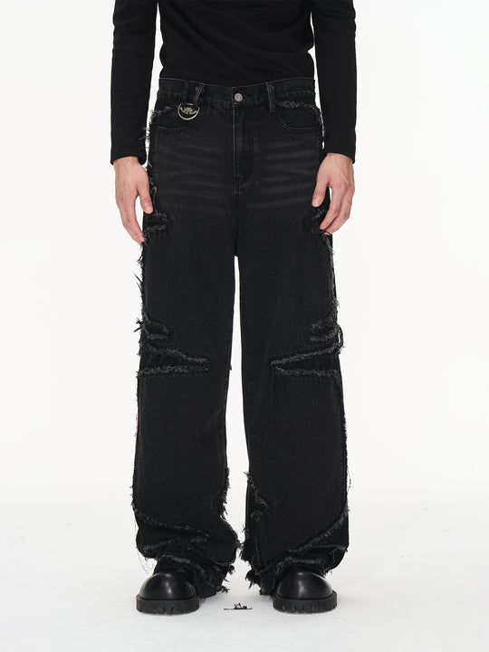 BLIND NO PLAN Raw Edge Split Wash Denim Jeans