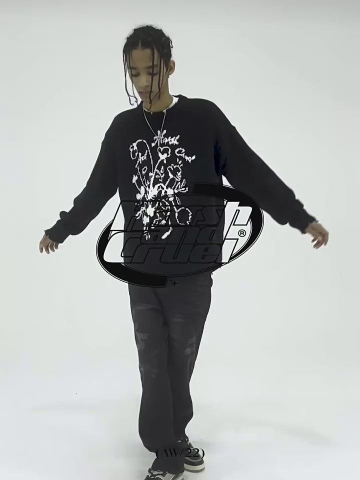 Harsh and Cruel Hand Drawn Flowers Knit Sweater