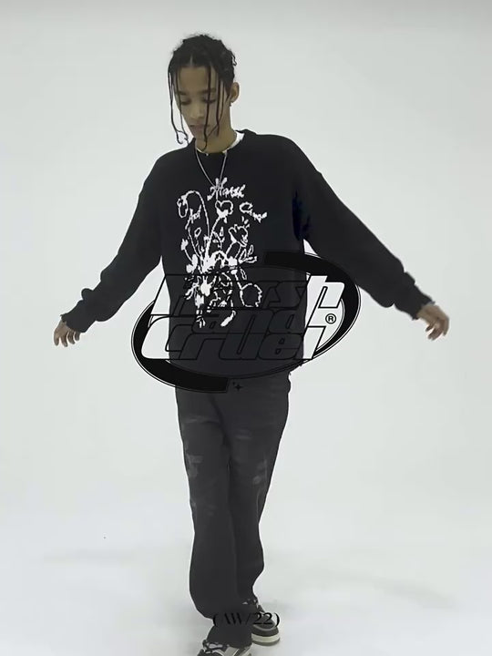 Harsh and Cruel Hand Drawn Flowers Knit Sweater