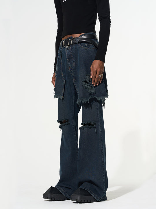 BLIND NO PLAN False Two Piece Washed Destroyed Denim Jeans