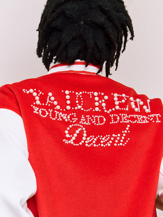YADcrew Pearl Text Typography Baseball Jacket