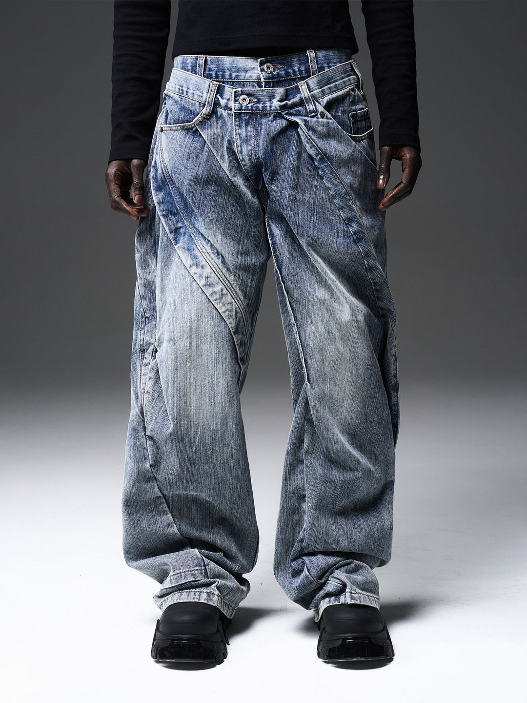 BLIND NO PLAN x BLACK8 Twisted Distressed Double Denim Jeans