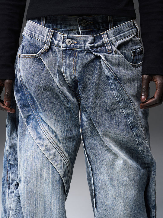 BLIND NO PLAN x BLACK8 Twisted Distressed Double Denim Jeans