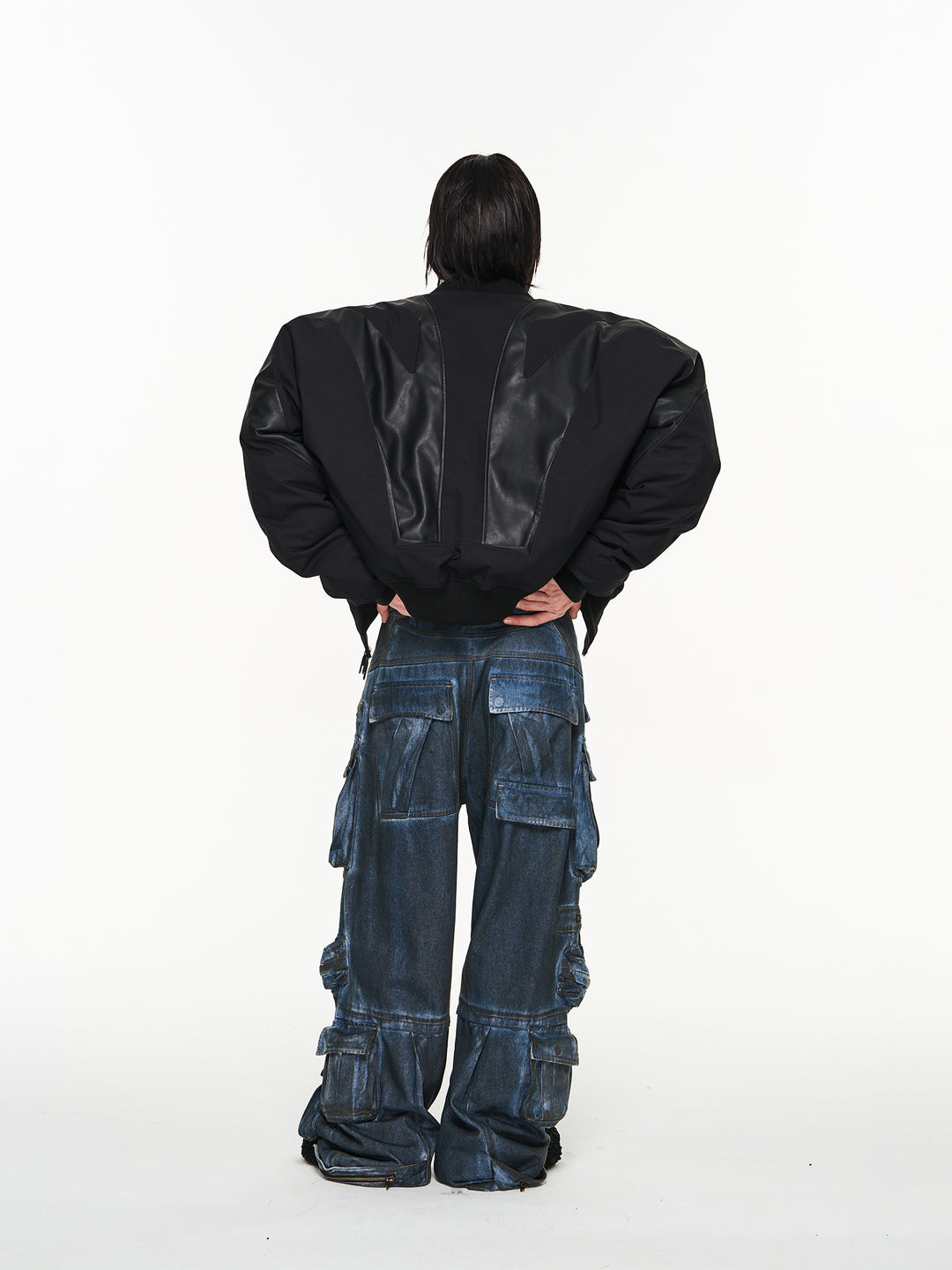 BLIND NO PLAN Mechanical Patchwork Lambs Leg Sleeve Bomber Jacket