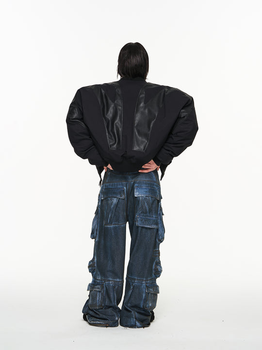 BLIND NO PLAN Mechanical Patchwork Lambs Leg Sleeve Bomber Jacket