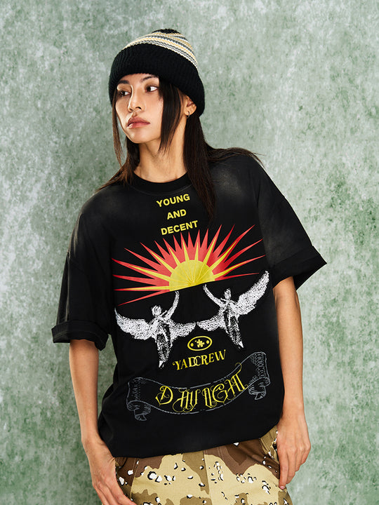 YADcrew R-STAR Sunrise Washed Applique Embroidered Angel Tee