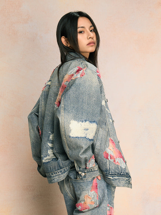 YADcrew Evening Lace Printed Patchwork Denim Jacket