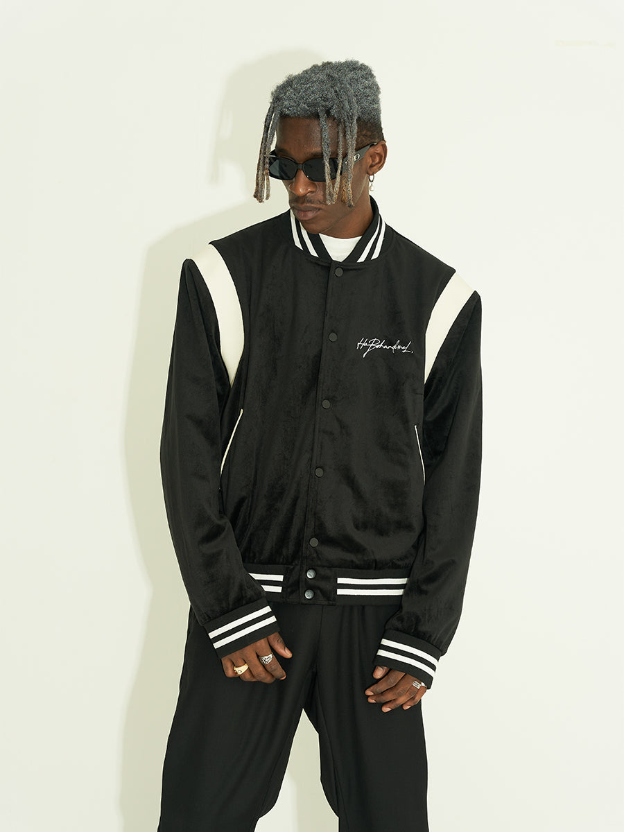 Harsh and Cruel Handwritten LOGO Embroidered Velvet Varsity Jacket | Face 3 Face